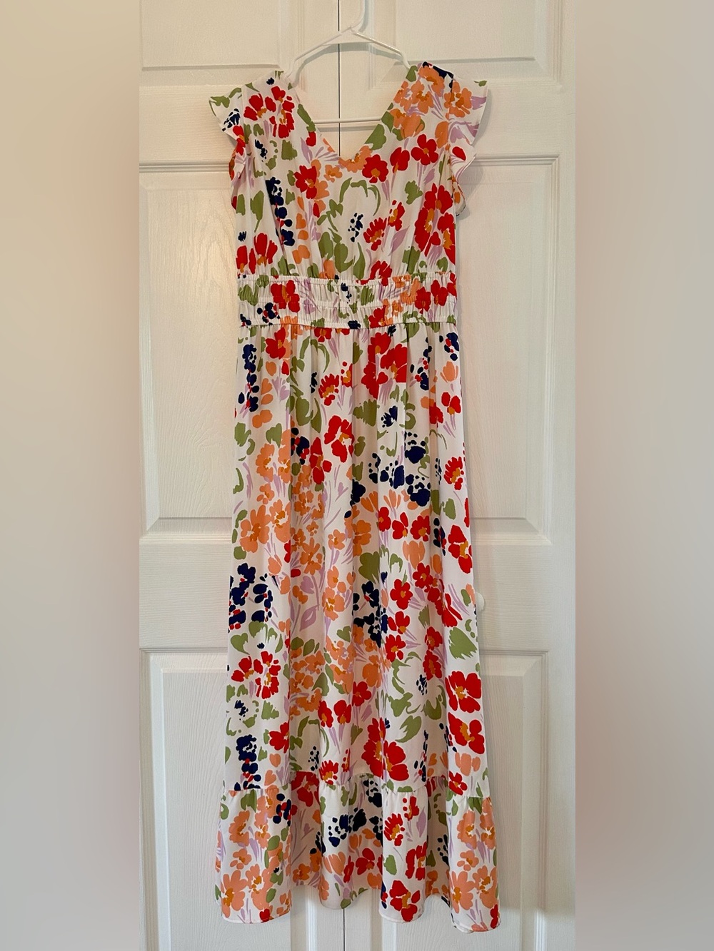 Ann Taylor White Maxi Skirt with Red, Orange, Navy & Olive Floral Print